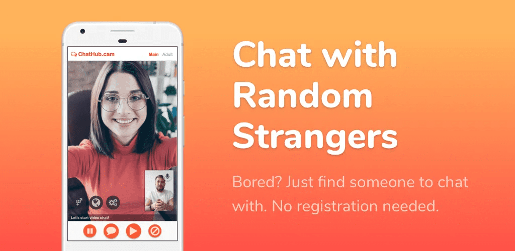 ChatHub app interface showcasing a video chat feature, inviting users to connect with random strangers without registration, emphasizing social interaction and ease of use.