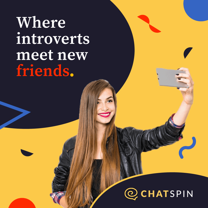 Young woman taking a selfie with a smartphone, promoting Chatspin, a platform where introverts connect and make new friends.
