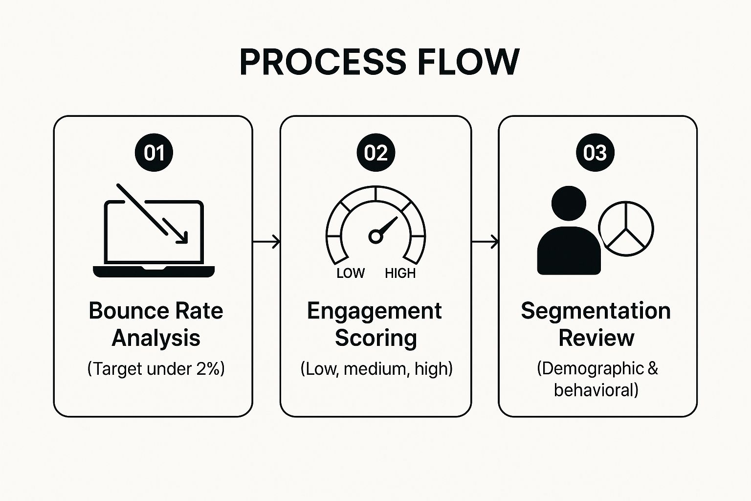 Infographic showing a three-step process for list hygiene: 1) Bounce Rate Analysis, 2) Engagement Scoring, and 3) Segmentation Review.