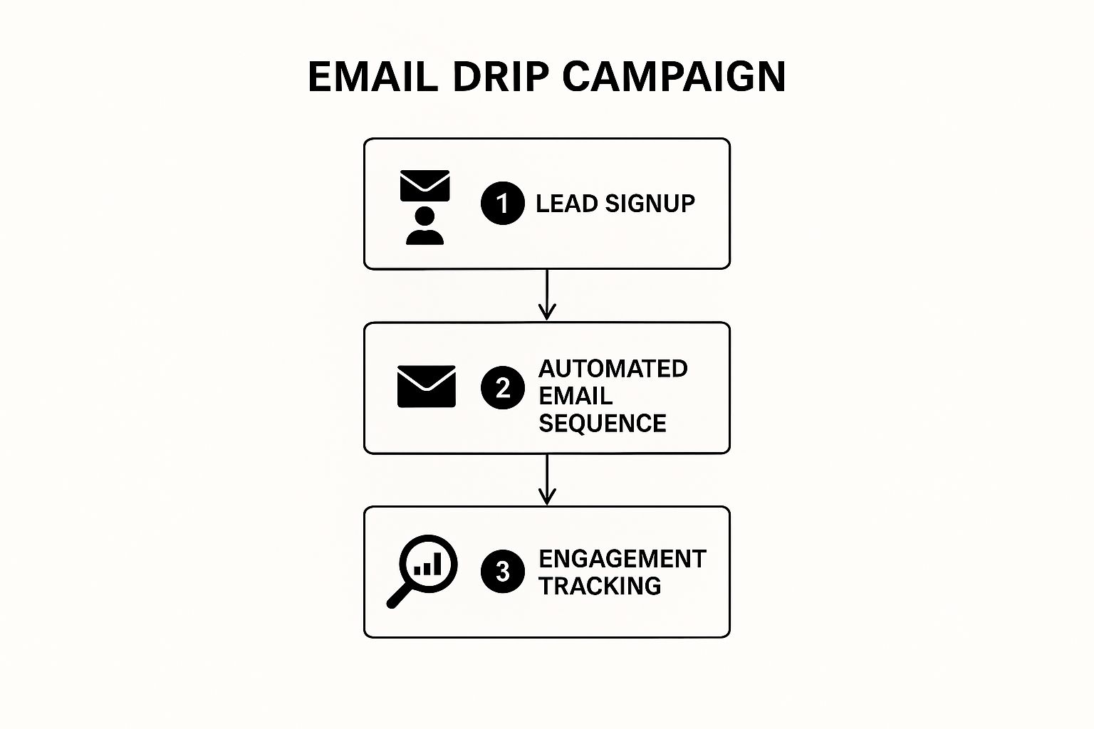 Infographic illustrating the flow of an email drip campaign, featuring steps: lead signup, automated email sequence, and engagement tracking, emphasizing lead nurturing strategies for B2B sales.