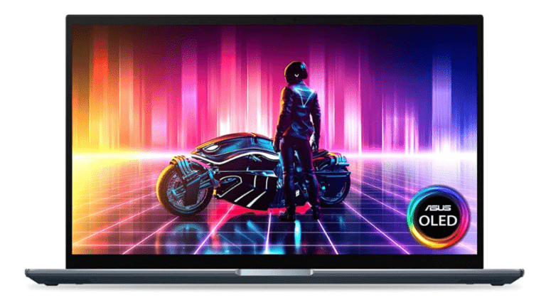 ASUS laptop displaying vibrant OLED graphics featuring a futuristic motorcycle and a figure in a stylized environment, highlighting the device's visual capabilities.