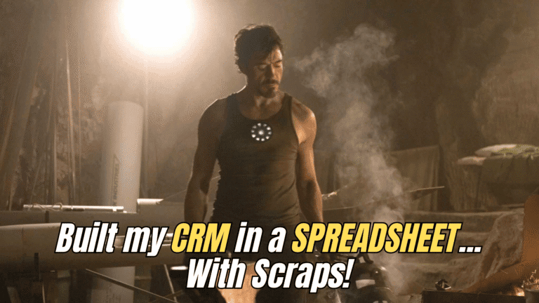 "Tony Stark building Iron Man suit in cave meme representing solo creators building a CRM and email marketing system from scratch."