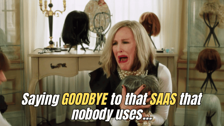 Moira Rose from Schitt’s Creek clutches her wigs dramatically, captioned: “Saying goodbye to that SaaS that nobody uses.”