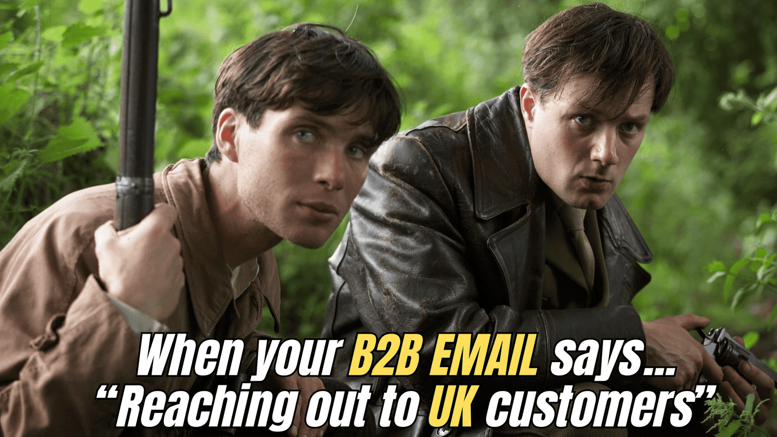 Meme of Cillian Murphy in the Wind that Shakes the Barely reacting to a B2B Email