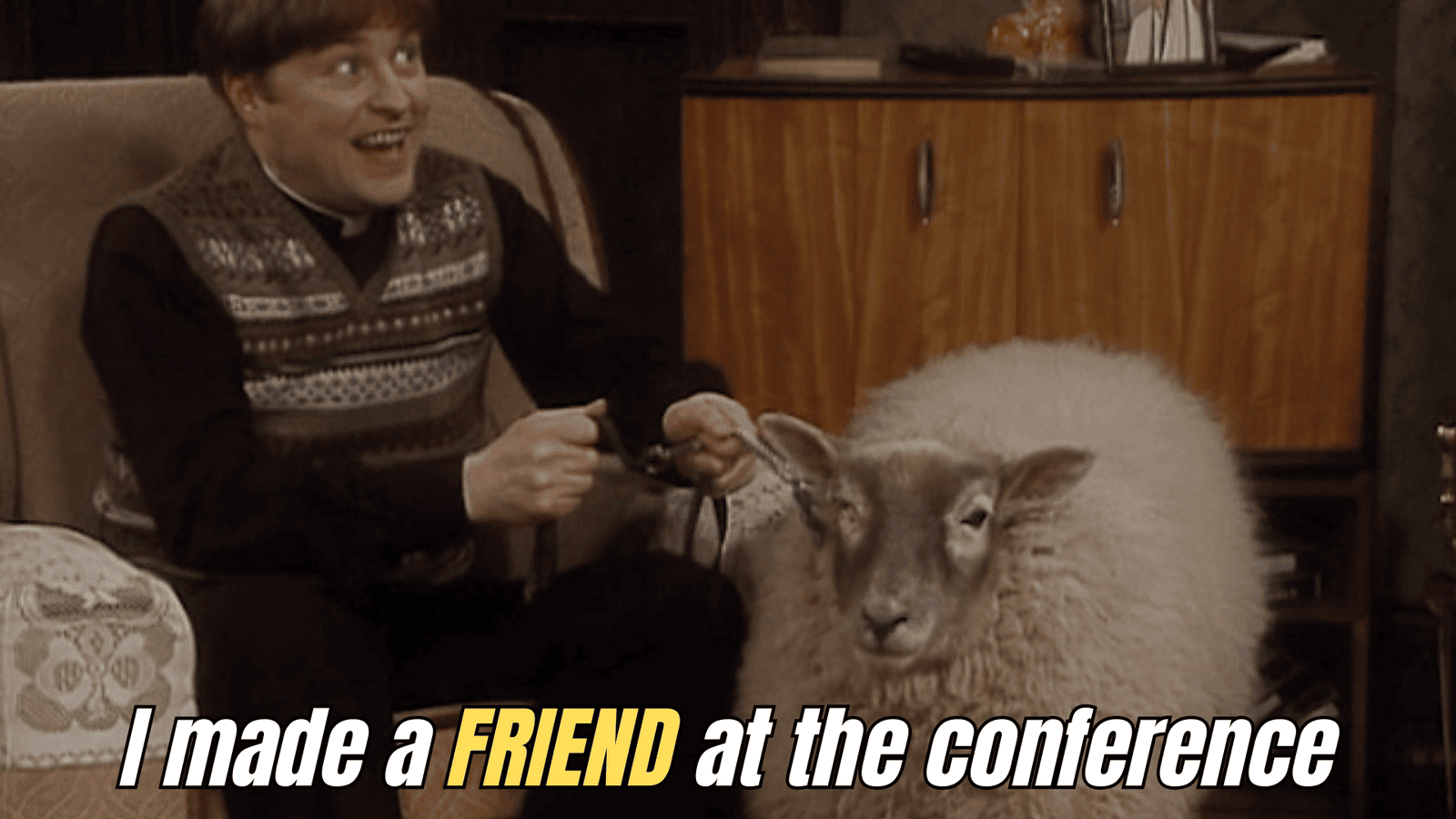 Meme of Dougal from Father Ted making contacts at a B2B Conference