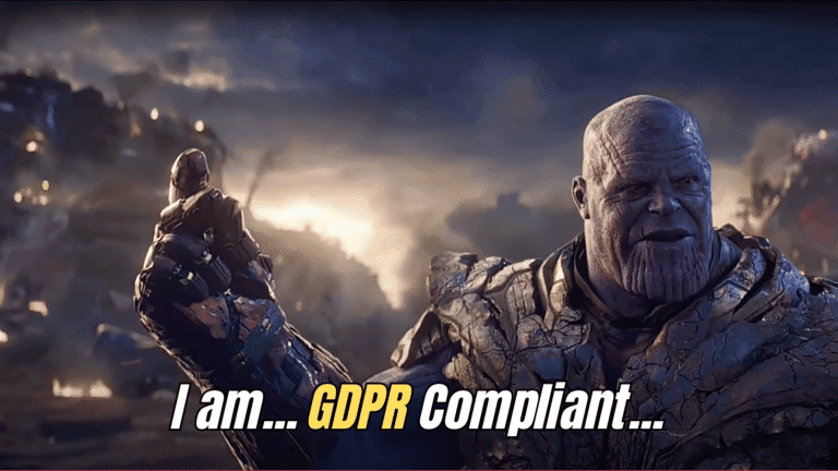 Thanos wearing the Infinity Gauntlet saying "I am... GDPR compliant" — humorous take on B2B email regulations.