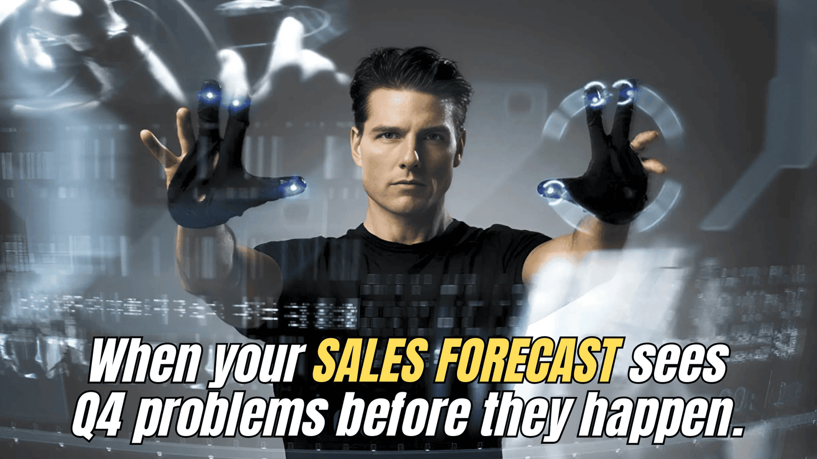 Tom Cruise using futuristic holographic screens in Minority Report to represent advanced sales forecasting and predictive analytics.