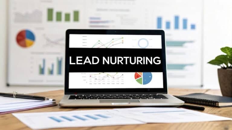 Laptop displaying "LEAD NURTURING" over graphs and charts, symbolizing B2B sales strategies and data-driven marketing insights.