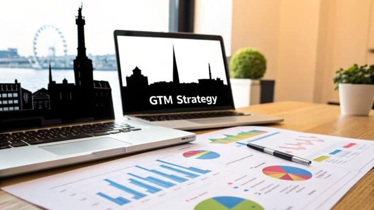 Laptops displaying GTM strategy graphics and business analytics charts on a desk, with a city skyline in the background, illustrating startup go-to-market strategies.